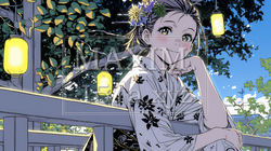 浴衣姿で夕涼みをしている若い女性 | 7264846-16319
