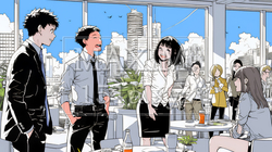 積極的な会話の多いポジティブな職場：社員たちが互いに積極的な意見を交わしている