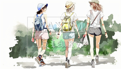 山にハイキングに来ている仲の良い若い女友達：水彩画 | 7287606-4359