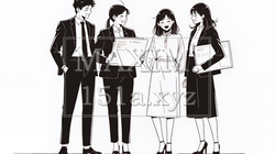 オフィスで立ったまま簡単な打合せをしているビジネスパーソン（シンプルな色使い）