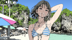 南国の海岸にビキニ姿でいる若い女性 | 7306092-5256