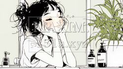 洗面所で朝の洗顔をする女性（シンプルな色使い） | 73106-16855