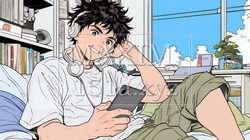 自宅の部屋でスマホをいじくっている若い男性｜7318736-5614