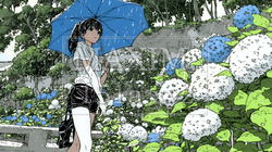 アジサイと梅雨の長雨と若い女性