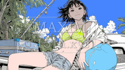 南国の海岸にビキニ姿でいる若い女性