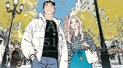紅葉の公園でデートをしている若い男女のカップル｜7361831-7023
