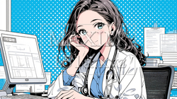 白衣を着て聴診器を首にかけている若い女医