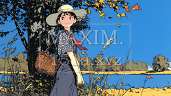 水辺の紅葉の小径を散策している若い女性｜739533-17572