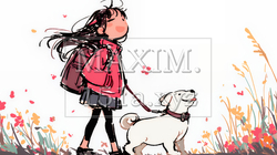 愛犬と散歩をしている女の子（クレヨン＋水彩画風）｜7385414-8382