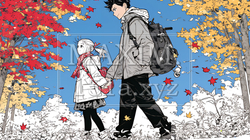 紅葉の小径を仲良く歩く少女と父親 | 7393400-5898