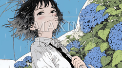 アジサイと梅雨の長雨と若い女性｜7394340-8731