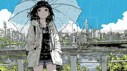 雨の中を歩く女性と都会のランドスケープ｜