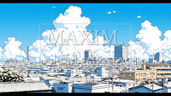 都市の町並みと夏の青空