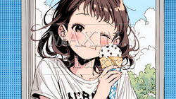 夏空の下でソフトクリーム（コーンに乗ったアイスクリーム）をたべる若い女性｜7582698-9947
