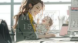 赤ん坊を抱きながらデスクワークをしている女性 | 7401643-7477