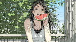 スイカを縁側で食べている若い女性