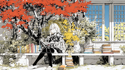 読書の秋：紅葉の木の下で本を読んでいる若い女性 | 7416283-12015