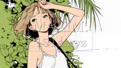 一人旅の若い女性と夏のビーチの風景（シンプルな色使い）