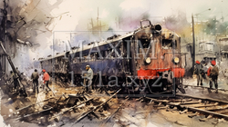 列車事故：列車事故発生直後の水彩画 | 7446111-18403