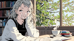 秋の読書を楽しむ若い女性｜静かで落ち着いた秋の日のイラストポートレート｜7596425-18100