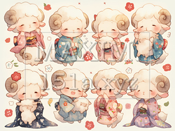 かわいい羊の擬人化ポーズ集｜カラー漫画風スタンプシート・干支の未年や年賀状に使えるイラスト素材｜7580594-20515