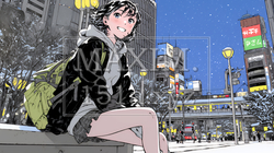 雪の積もる冬の都会を散策している若い女性 | 7476967-12991