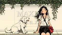 愛犬と散歩している若い女性（シンプルな色使い）｜7452935-10885