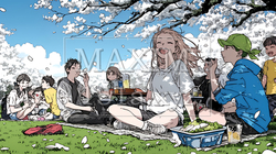 満開の桜の下で仲間たちと花見宴会 | 7500590-7361