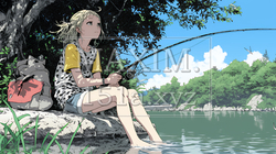 岸から魚釣りを楽しむ若い女性｜渓流・自然・アウトドア・ライフスタイル | 7506877-17543