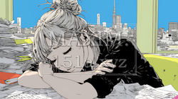 机にもたれ、散らばった書類に囲まれてため息をつく疲れた女性 | 7506901-8091