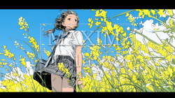 春風の中、菜の花畑にいる制服姿の女子高生 | 7538673-15352