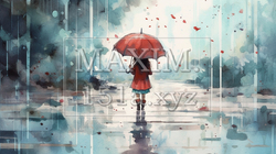 雨降りの公園を傘をさした若い女性が歩いている風景：　水彩画 | 7546919-18520