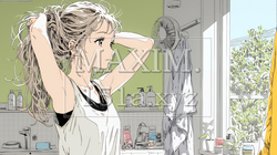 朝支度：洗面所で髪をまとめている若い女性 | 7547939-15531