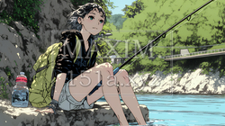 岸から魚釣りを楽しむ若い女性｜渓流・自然・アウトドア・ライフスタイル | 7549083-17535