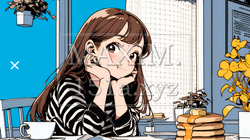 早朝のダイナー（喫茶店）でパンケーキ（モーニングセット）を食べる若い女性｜7165912-15611