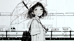 雨の日に傘をさして歩く若い女性（シンプルな色使い）｜7591067-16261