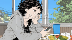 食事の最中もスマホを手放せない若い女性 | 7558043-12535