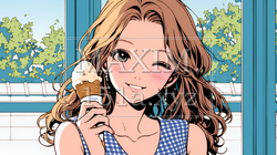 夏空の下でソフトクリーム（コーンに乗ったアイスクリーム）をたべる若い女性｜8341306-9952