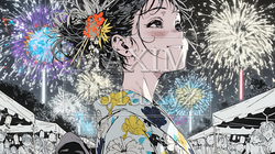 打ち上げ花火を見ている浴衣を着た若い女性 | 7586000-9338