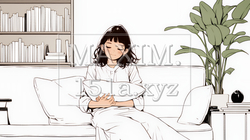 ソファでクッションを抱えてくつろぐ若い女性（シンプルな色使い） | 7590453-16794