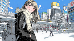 雪の積もる冬の都会を散策している若い女性