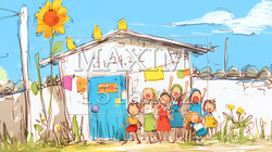 小学生の夏の思い出：みんなで近所の秘境を探検（クレヨン＋水彩画風）