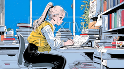 山積みの資料を基に企画を練っている若い女性