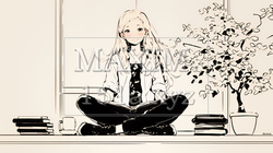 秋の読書を楽しむ若い女性｜静かで落ち着いた秋の日のイラストポートレート（シンプルな色使い）｜7816804-18099
