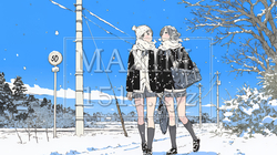 雪の日に友達と通学する女子高生 | 7598153-13070