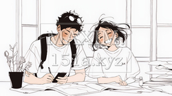 仲良く二人で旅行の計画を立てている若いカップル（シンプルな色使い） | 7598518-16369