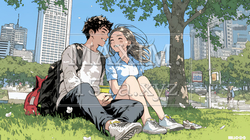 新緑の芝生が広がる都会の公園でくつろぐ若い男女 | 7612649-16921