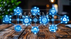 IoTのイメージ：ちょっと古風な木の机の上に通信で接続されたあらゆるものがある