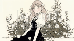 バラ園を散策している若い女性（シンプルな色使い） | 7615592-11047