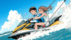ジェットスキーに乗っている若い女性と男性